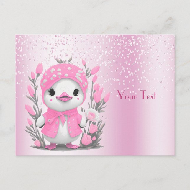 Cartão postal de pato de aquarela com flores rosa (Frente)