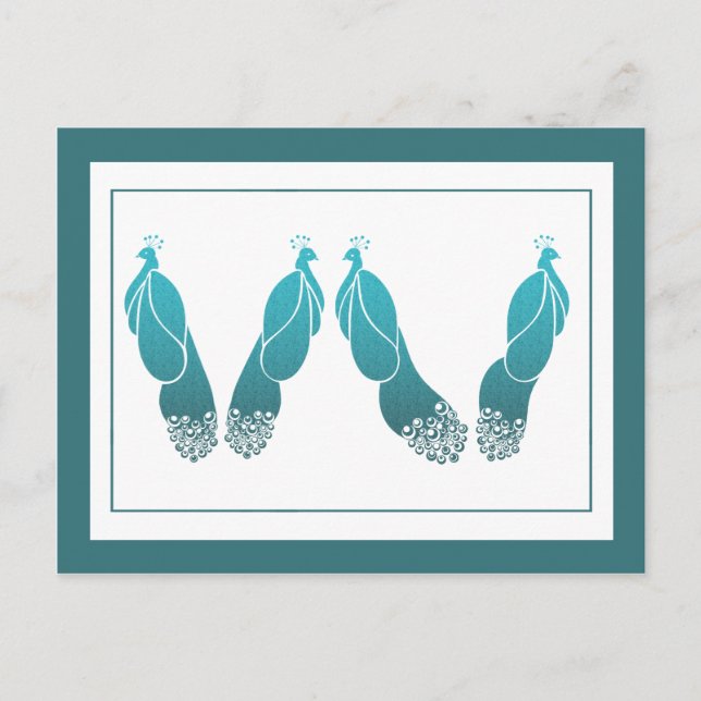 Cartão postal de pavões Art Déco em verde Teal e O (Frente)