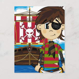 Cartão Postal de Pirata e Navio de Desenho Animado