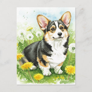 Cartão postal de primavera com Corgi Fofo e Dente-