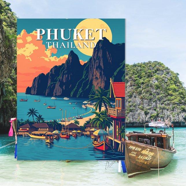 Cartão postal de retro-arte em praia Phuket Thaila (Phuket Thailand Beach Retro Art Postcard)