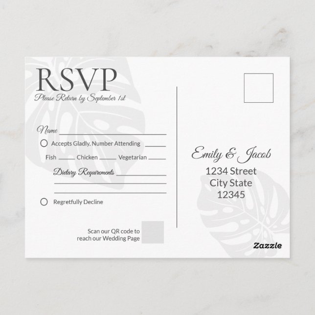 Cartão postal de RSVP de Casamento Moderno. Palm L (Verso)