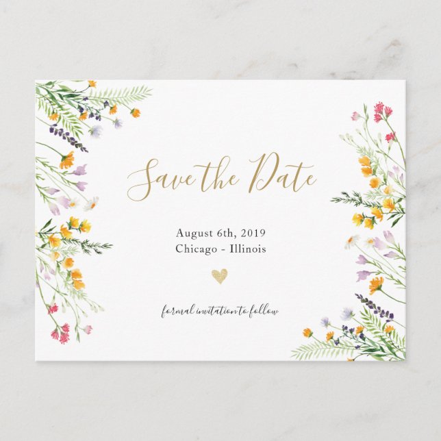 Cartão postal de salva data com flores silvestres  (Frente)