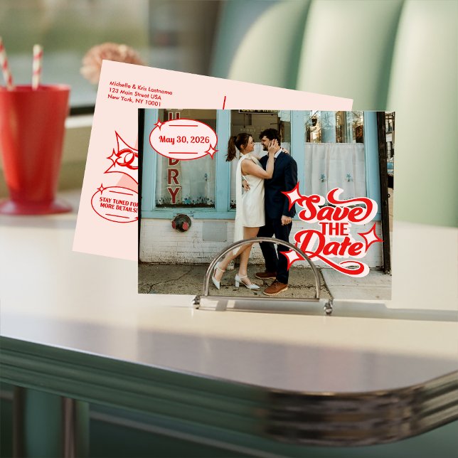 Cartão Postal de Salvamento de Data do Restaurante (Retro Diner Wedding Save The Date )