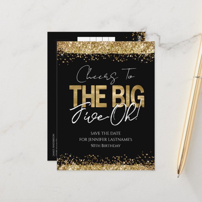 Cartão postal de salvar a data dourado preto para  (Frente/Verso In Situ)