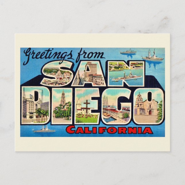 Cartão postal de saudação retrô de San Diego (Frente)