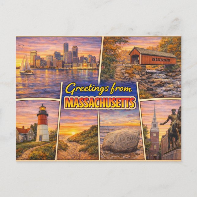 Cartão Postal de Saudações de Massachusetts (Frente)