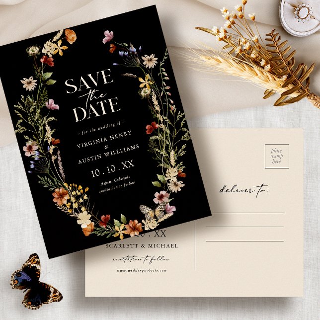 Cartão postal de Save The Date Boho Preto (Black Boho Watercolor Floral Save The Date Postcard by Painted Paperie
)