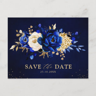 Cartão postal de Save the date floral azul royal a