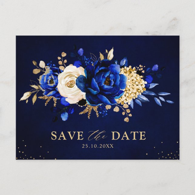 Cartão postal de Save the date floral azul royal a (Frente)