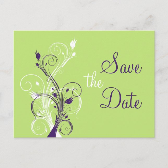 Cartão postal de Save the Date floral roxo verde b (Frente)