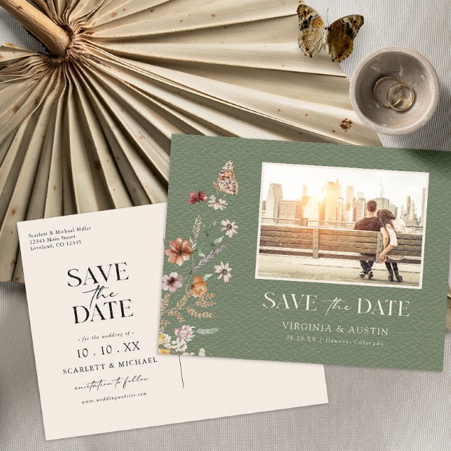 Cartão Postal de Save The Date Verde com Foto (Criador carregado)