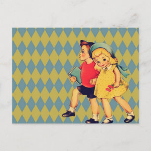 Cartão Postal de volta à escola Padrão retrô kitsch Vintage Kids