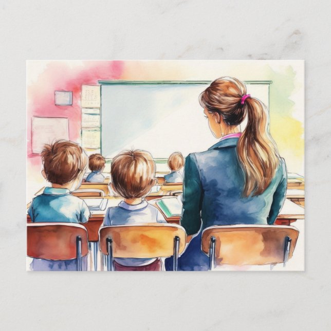 Cartão Postal De volta às crianças da escola com professor (Frente)