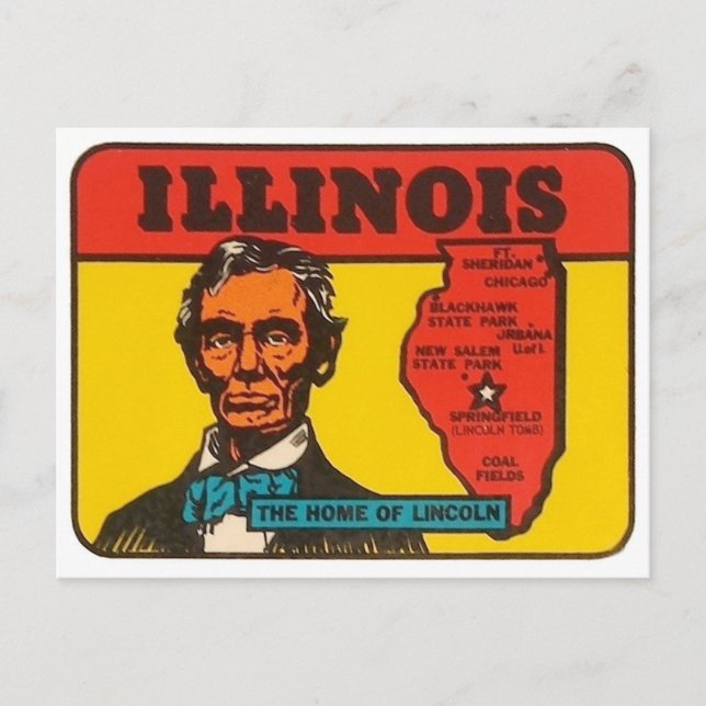 Cartão Postal decalque do Estado de Illinois com Lincoln (Frente)