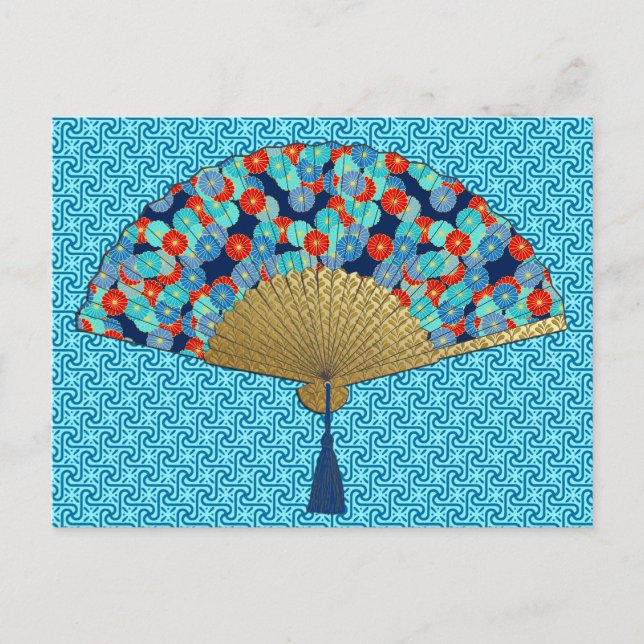 Cartão Postal Deco Fan - Flores em Cobalto, Turquesa e Vermelho (Frente)