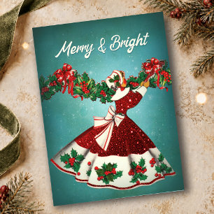 Cartão Postal Decoração de Natal vintage menina brilho vermelho