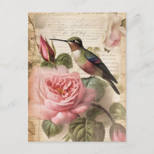 Cartão Postal Decoupage de Beija-flor Vintage e Rosas Rosa