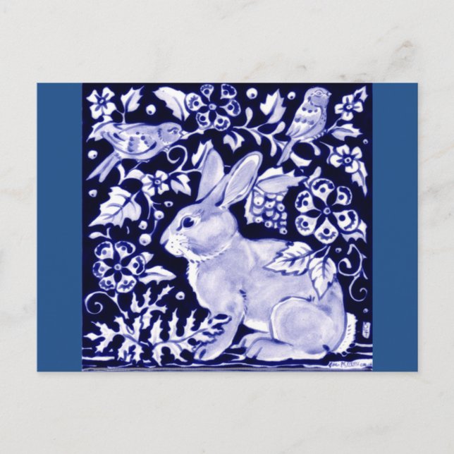 Cartão Postal Dedham Blue Rabbit, Classic Blue & White Design (Frente)