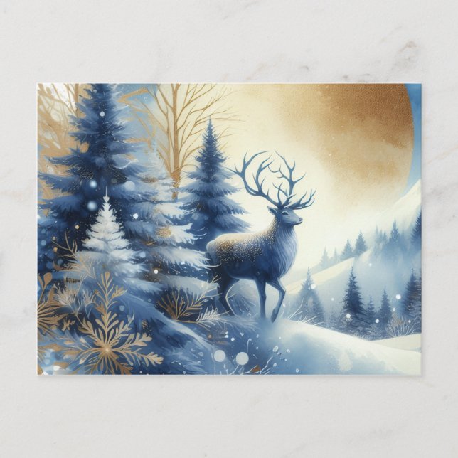 Cartão Postal Deer in winter forest blue & gold design postcard (Frente)