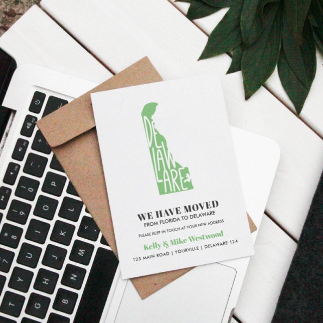 Cartão Postal DELAWARE Mudamos Novo endereço Nova Casa  (MOVING ANNOUNCMENTE WITH DELAWARE STATE IN GREEN (EDITABLE COLOR ) AND SPACE FOR NEW ADDRESS)