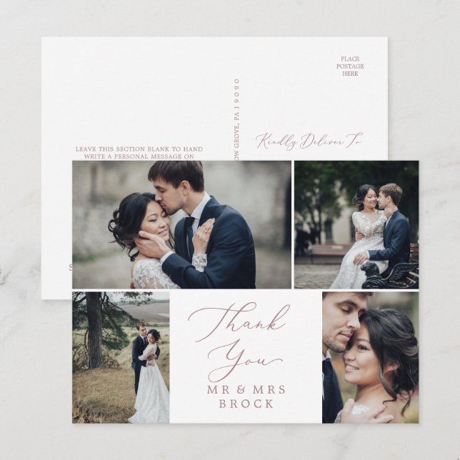 Cartão Postal Delicado Modelo de 4 Fotos em Dourado Rosa Obrigad (Frente/Verso)