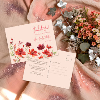 Cartão Postal Delicate Wildflowers Juicy Red Pinky Pink Wedding