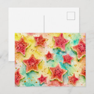 Cartão Postal Delícia de Melancia Estrela Estilo Aquarela Geomét