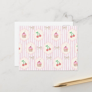 Cartão Postal Deliciosos Cupcakes de Cerejas Shabby Chic Rosa