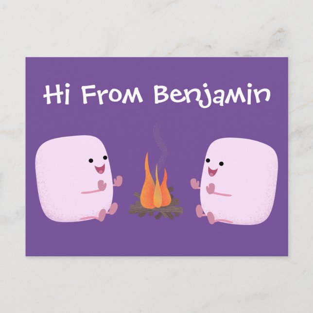 Cartão Postal Deliciosos marshmallows cor-de-rosa junto à foguei (Frente)