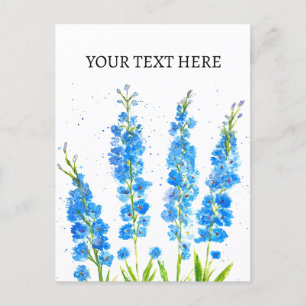 Cartão Postal Delphinium azul floral aquarela elegante rústica