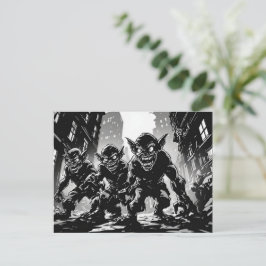 Cartão Postal Demônios Goblin Rua Abandonada Estilo Gráfico BW 5