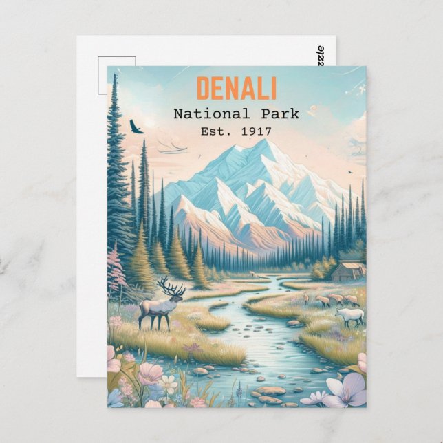 Cartão Postal Denali National Park Alaska Monte Hand desenhada (Frente/Verso)