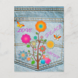 Cartão Postal Denim Back Pocket Flores Paz Esperança