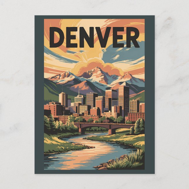 Cartão Postal Denver Colorado Illustração Sunset Viagem Art (Frente)