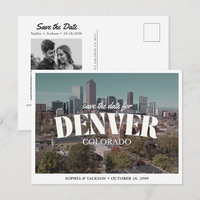 Cartão Postal Denver Wedding Save the Date Retro Destination (Frente/Verso)