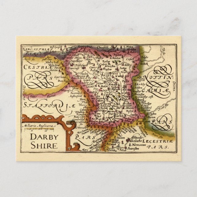 Cartão Postal Derbyshire (Darbyshire) County England Mapa Antiqu (Frente)