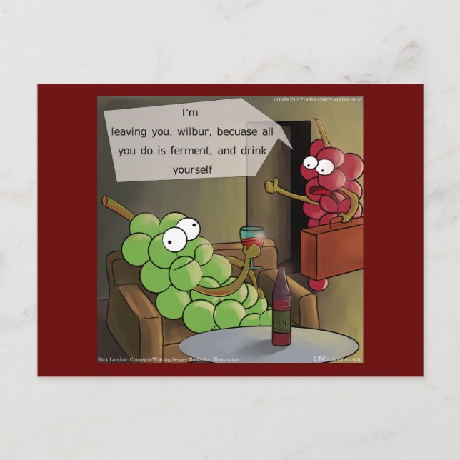 Cartão Postal Desagregação De Uvas Comida Engraçada, Vinho E Cas (Frente)