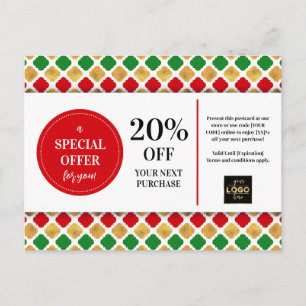 Cartão Postal Desconto de Cupão Dourado Verde Vermelho Natal