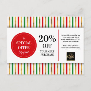 Cartão Postal Desconto de Cupão Dourado Verde Vermelho Natal