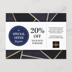 Cartão Postal Desconto do Coupon Geométrico Dourado Azul marinho