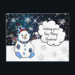 Cartão Postal Desejando-lhe uma Holly Jolly Christmas Snowman<br><div class="desc">Feliz Natal e Feliz ano novo personalizou um bonitinho bonitão desenhando bonitinho de neve em um cartão de posto noturno estrelado. Uma maneira barato de dizer à sua família Feliz Natal este ano!</div>