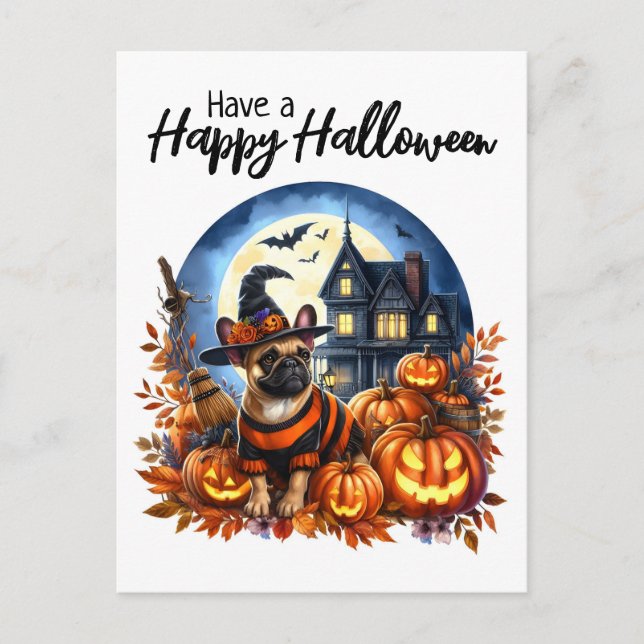 Cartão Postal Deseje um Feliz Halloween Cachorro francês Fofo (Frente)