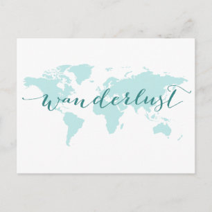Cartão Postal Desejo de viajar, mapa-múndi em azul turquesa