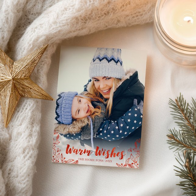 Cartão Postal Desejos calorosos Folhagem Vermelho Script Foto Na (Criador carregado)