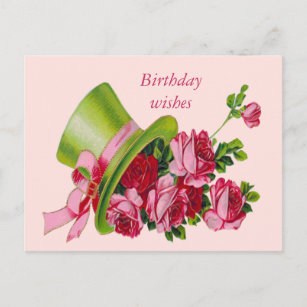 Cartão Postal Desejos, chapéu alto e rosas do aniversário