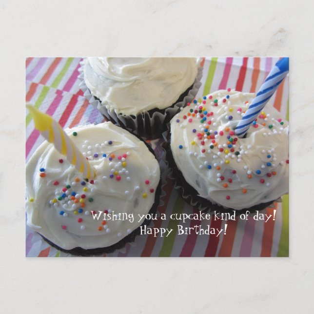 Cartão Postal Desejos de Aniversário com Cupcakes (Frente)