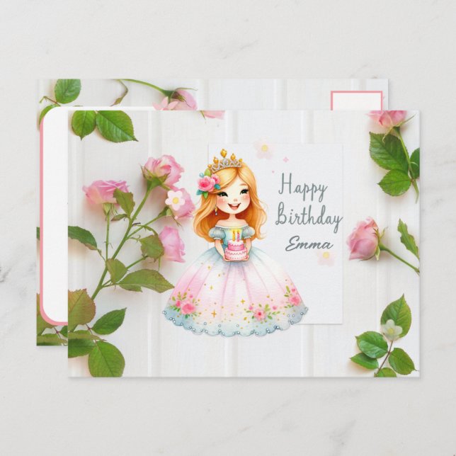 Cartão Postal Desejos de Aniversário de Princesa (Frente/Verso)