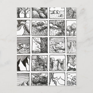 Cartão Postal Desenho a Caneta e Tinta Paisagem Quadrados Design