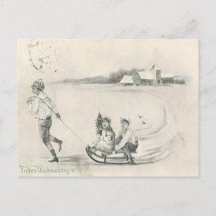 Cartão Postal Desenho a Lápis Cena de Fazenda de Inverno Antiga